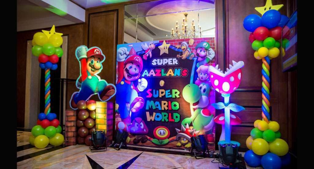 Celebratory Mario Party with colorful balloons and decor.