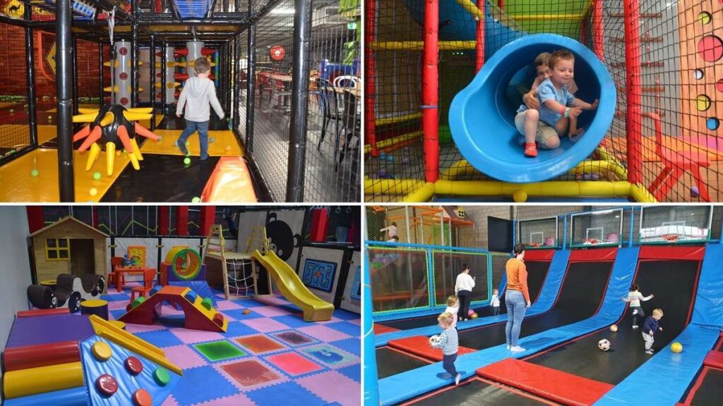 Four indoor play areas filled with children playing and having fun.
