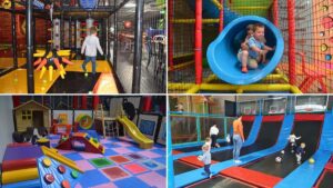 Four indoor play areas filled with children playing and having fun.