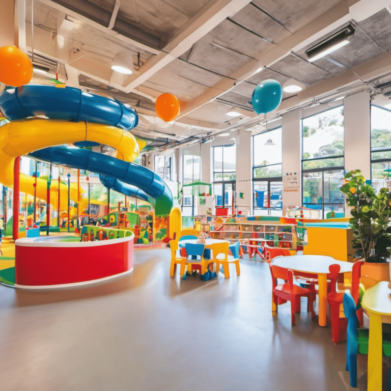 A vibrant play area filled with colorful toys and slides, providing endless fun and excitement for children.